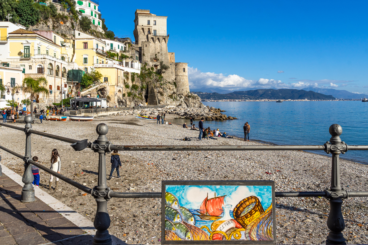 Beach of Cetara, a picturesque town on the Amalfi Coast, Campania, Italy