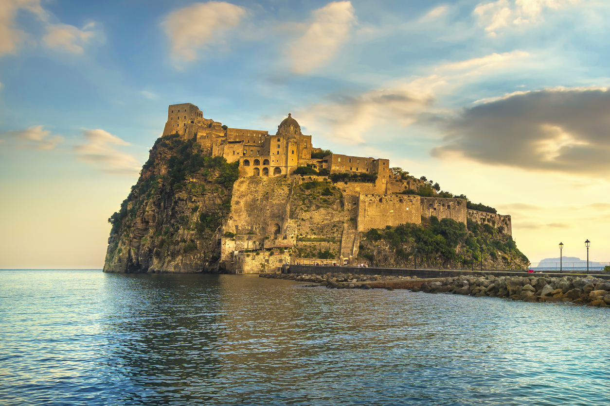 Ischia island and Aragonese medieval castle. Campania, Italy.