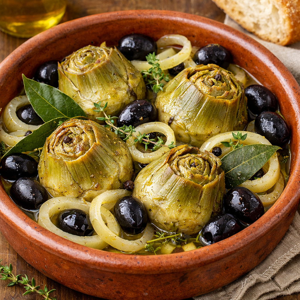 Carciofi alle olive nere ed erbe aromatiche